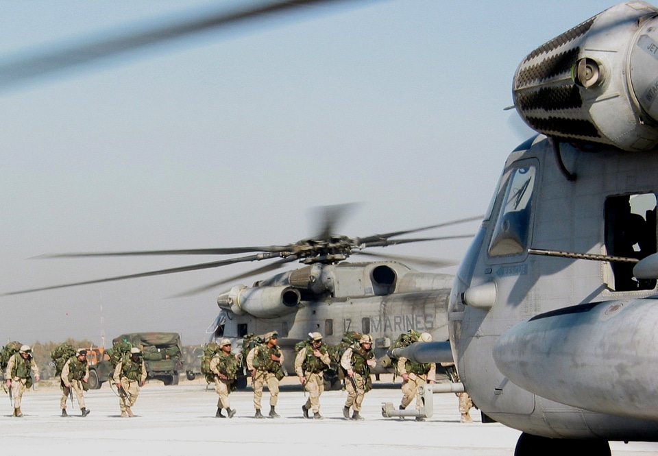 Marines board CH-53E Super Stallions