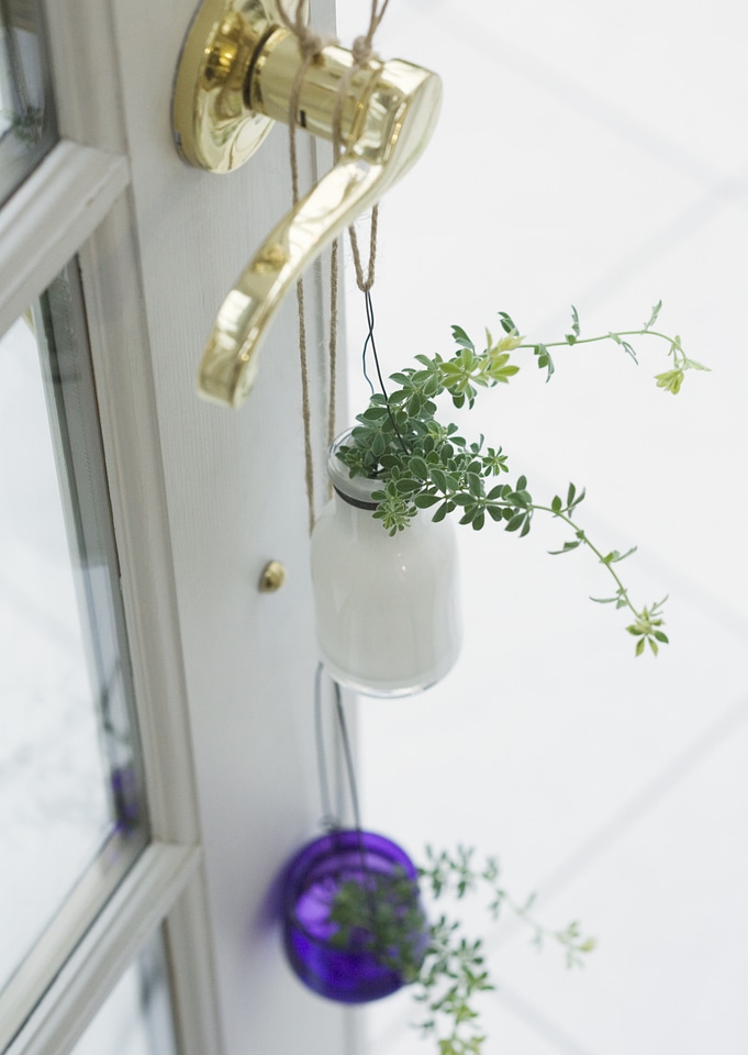 Pots hanging on the door