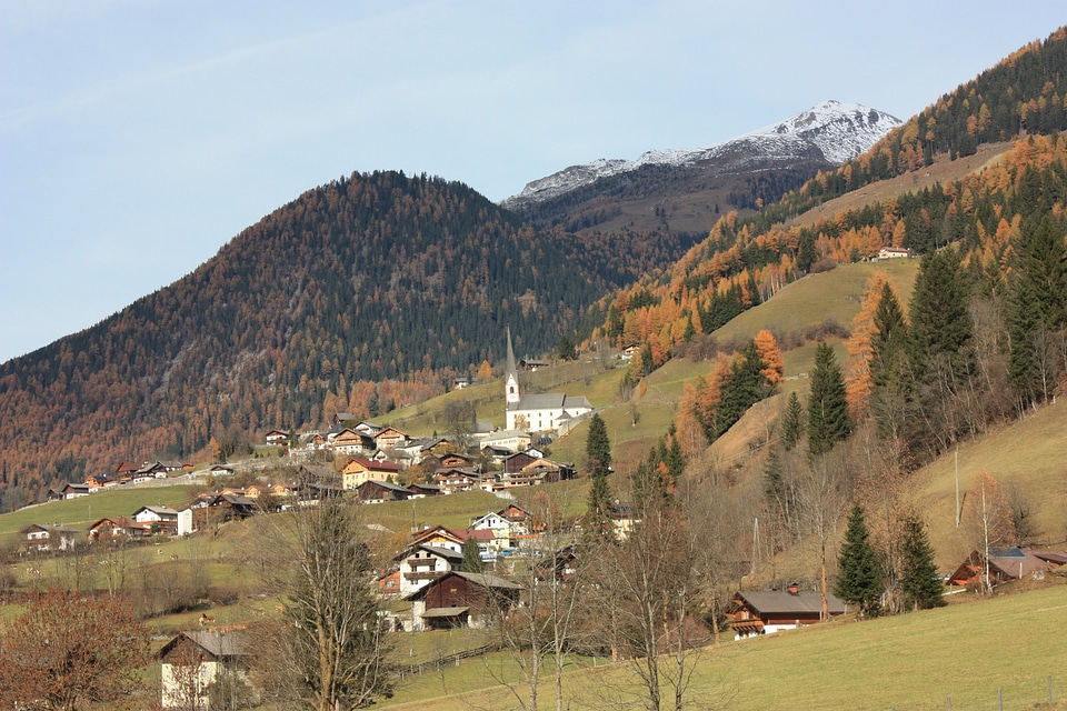 Alpine village at the foot of the mountain