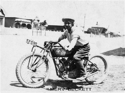 Merv Beckett riding his Indian motorcyle, [n.d.]