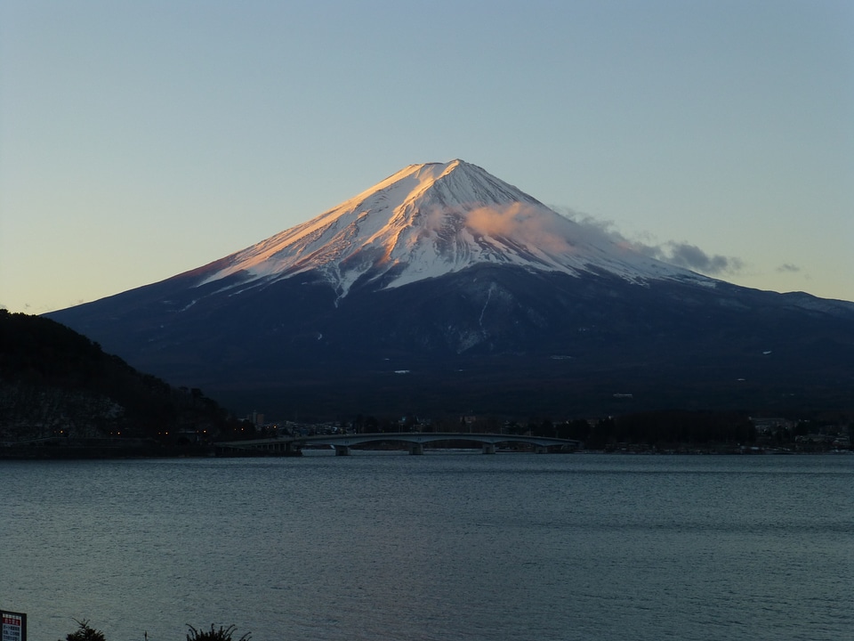 Mount Fuji reflected in Lake Kawaguchi at dawn