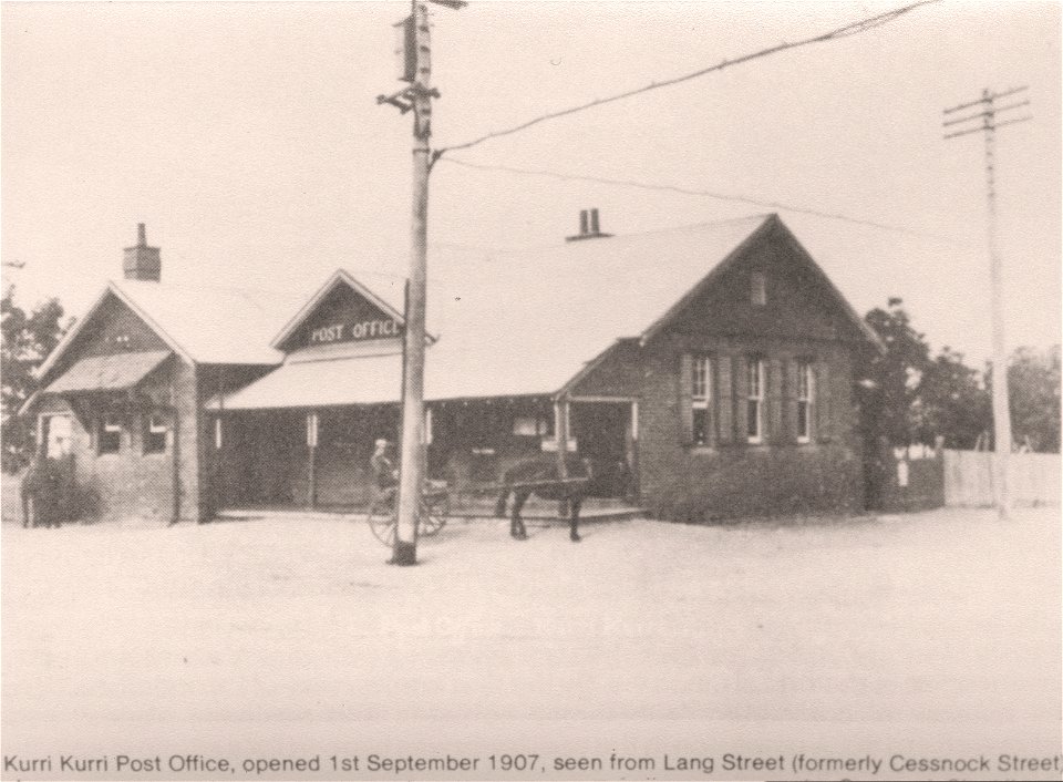 Horse and wagon in front of Kurri Kurri Post Office, seen from Lang Street, formerly Cessnock Street. Opened 1 September 1907. photo