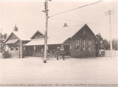 Horse and wagon in front of Kurri Kurri Post Office, seen from Lang Street, formerly Cessnock Street. Opened 1 September 1907.