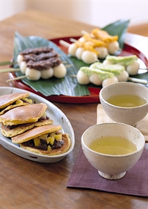 Japanese traditional green tea with autumn dessert photo