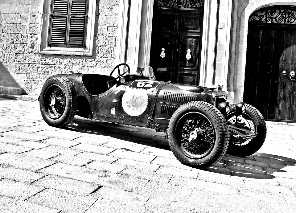 Model antique car, black and white photo