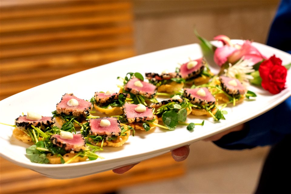 Seared Ahi Tuna on a Wonton Crisp with Wasabi Aioli