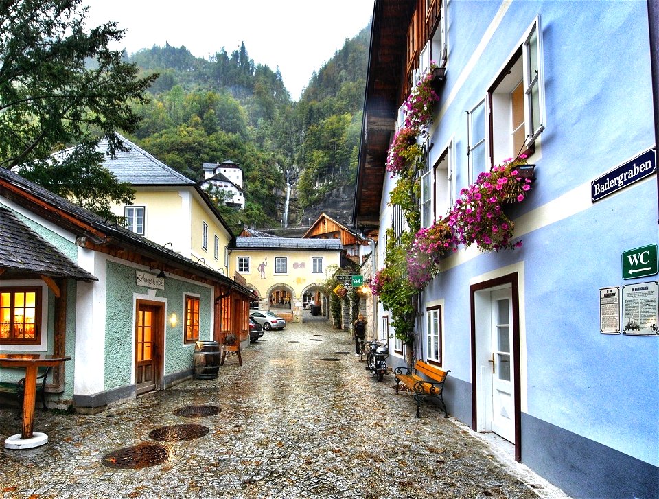 Street with waterfall, Badergraben, Hallstatt, Austria