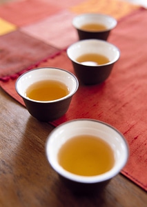 Closeup of set of China tea on mat photo