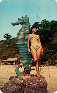 Pretty Bather and Statue Of The "Sea Horse", Mexico