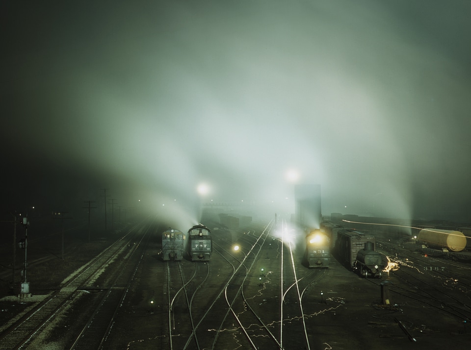 Night view of part of Santa Fe R.R. yard, Kansas City, Kansas
