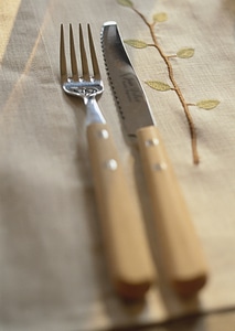Knife and Fork on a large brown serviette photo