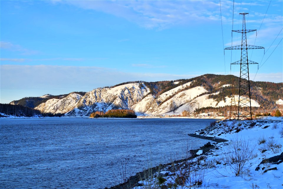 winter road along the river and mountains photo