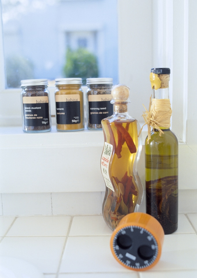 transparent glass bottles of vinegar