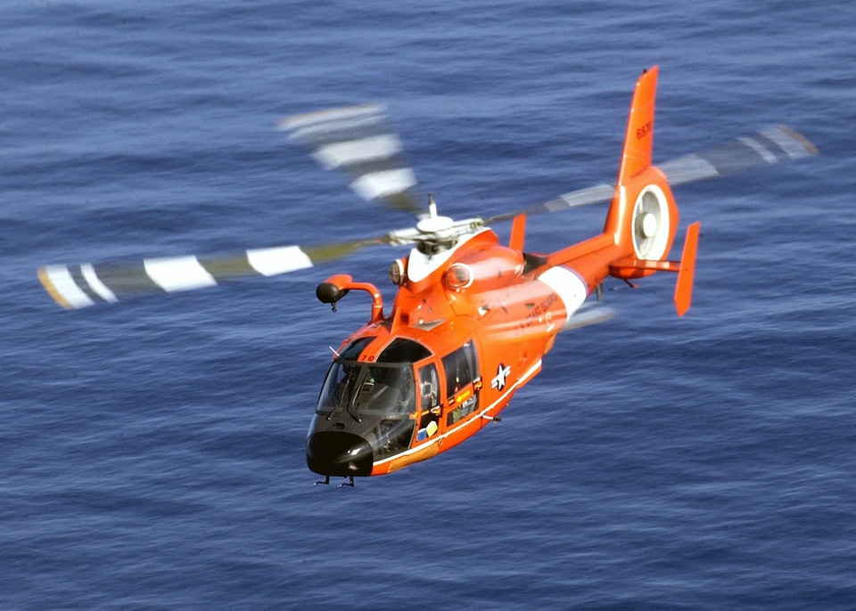 A Coast Guard HH-65A Dolphin rescue helicopter