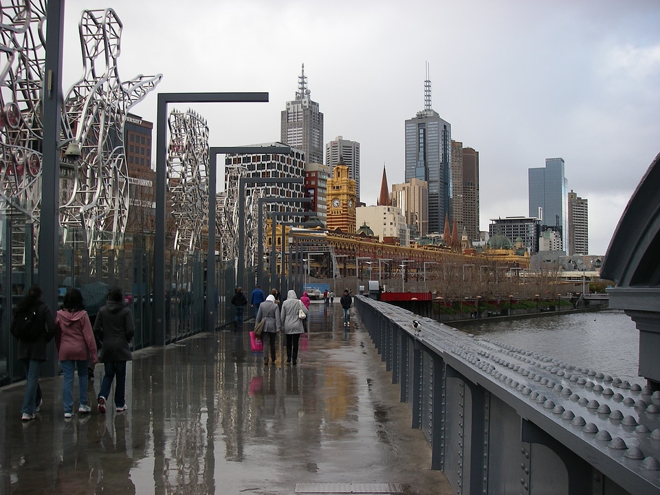 Landscape of Melbourne's Sandridge Bridge on a rainy day