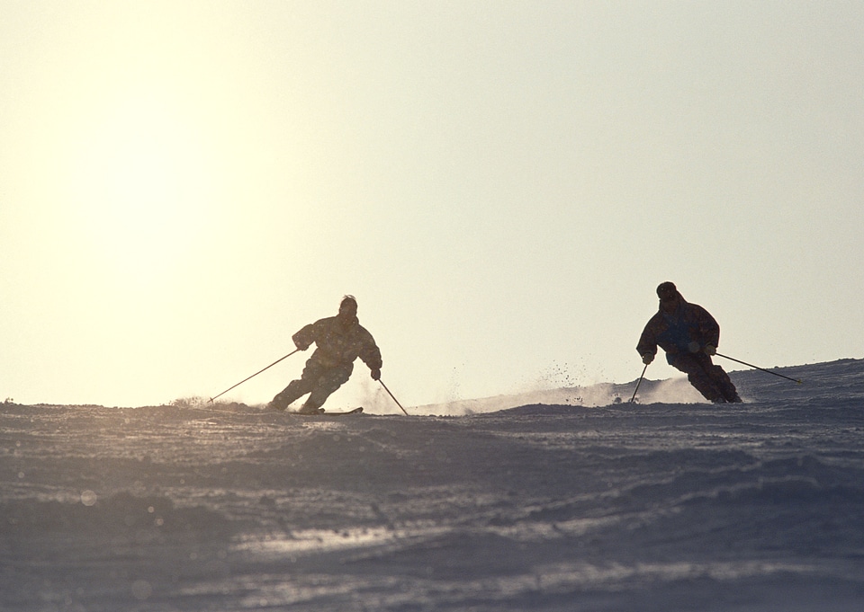 Silhouettes two guys on skis on the mountain