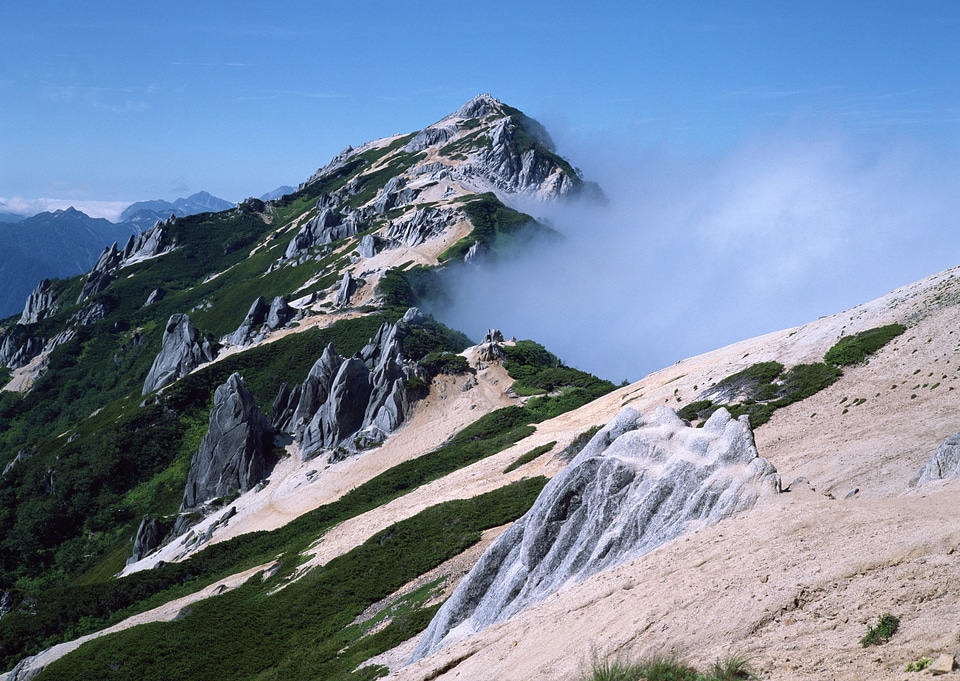 Steep mountain slope with frozen rocks