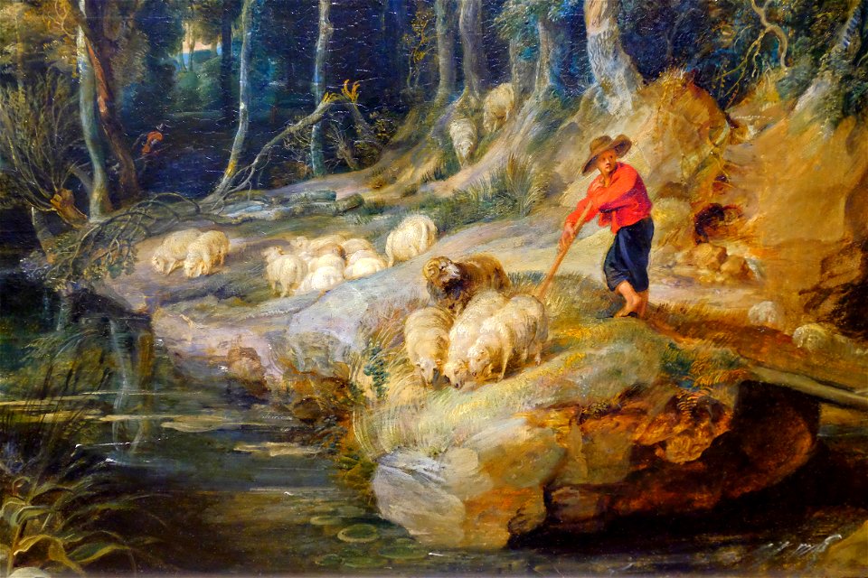 Peter Paul Rubens (1577-1640) - A Shepherd with his Flock in a Woody Landscape detail