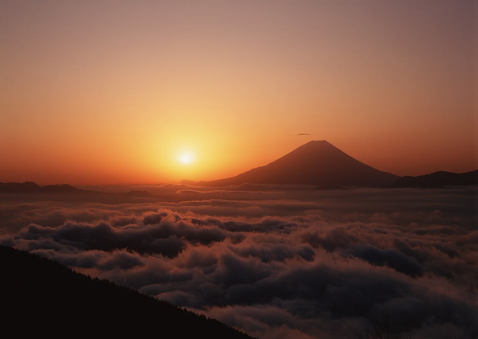 Silhouette of Mount Fuji from the clouds