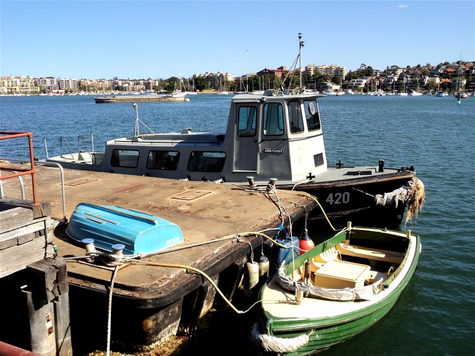 RAN Armament Depot Spectacle Island - AWB (Australian Work Boat) 420 "Amethyst" manufactured during World War 2.  Photo taken at front wharf.