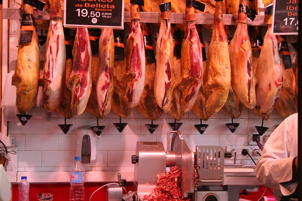 Meat at spanish market - Serrano gammon and iberico gammon