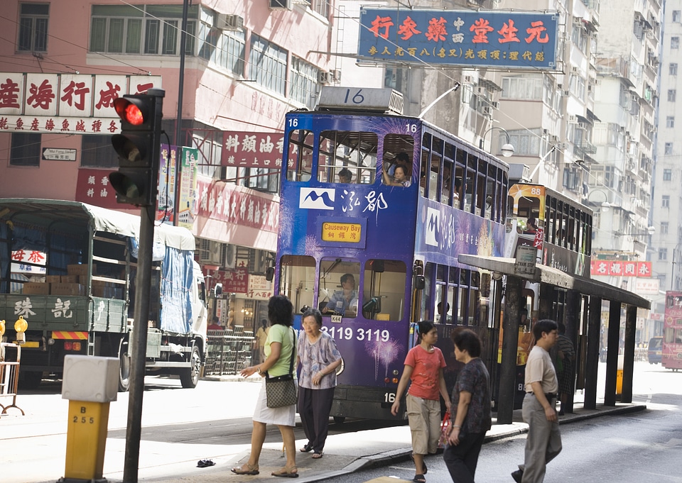 Double decker buses at the bus station downtown in Hong Kong