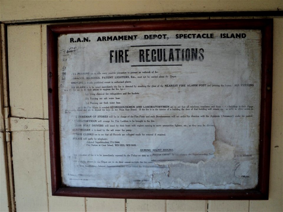 RAN Armament Depot Spectacle Island - Fire regulations notice