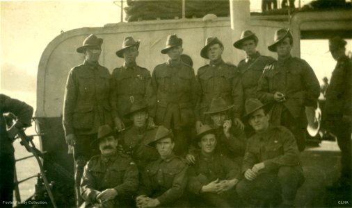 Kenneth Vincent Foster (1898-1922) fifth from left in back row on HMAT A72 Beltana bound for France,  [n.d.]