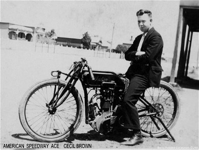 Cecil Brown, American speedway ace, astride his Indian motorcycle, [1925]