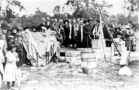 Miss Armstrong laying foundation stone for the Church of England at Mt Vincent, NSW, 31 January 1910 photo