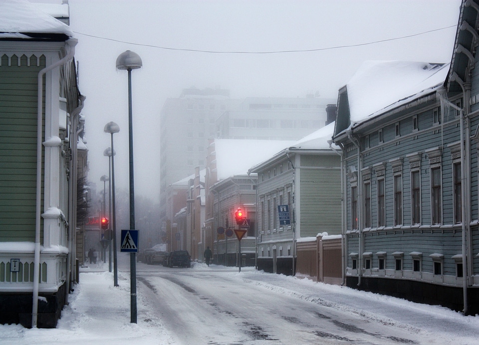 Night town in winter Oulu Finland