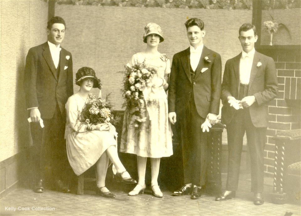 Wedding party. William Cook (1902-1967) is on the far right,  [1920s].