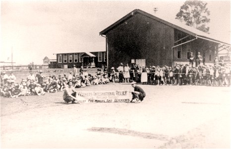 Large crowd in the playground of Kurri Kurri Superior Public School [K-3rd Form]. Two gentlemen in front holding a banner: "Workers' International Relief, Sth Maitland District. Relief for Miners and Dependents", [1932] photo