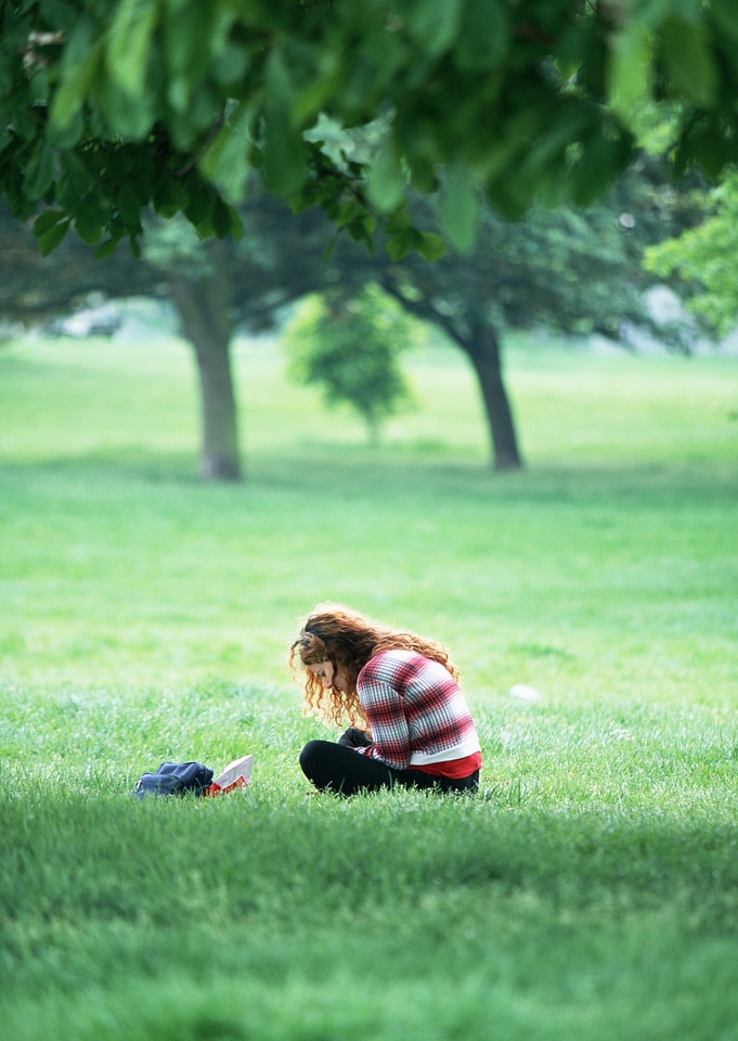 Cute Little Girl Reading Book Outside on Grass