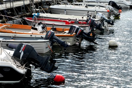 Outboard motors on boats in Norra Hamnen, Lysekil 2