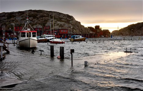 Flooded jetties in Valbodalen harbor during Storm Ciara 2 photo