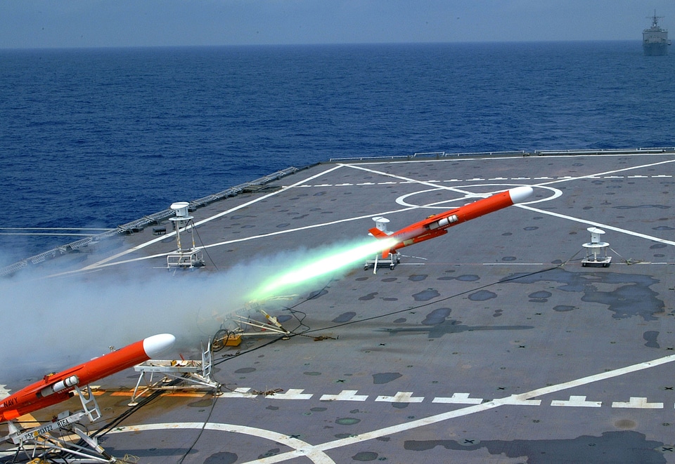 BQM-74E target drone is launched from the flight deck