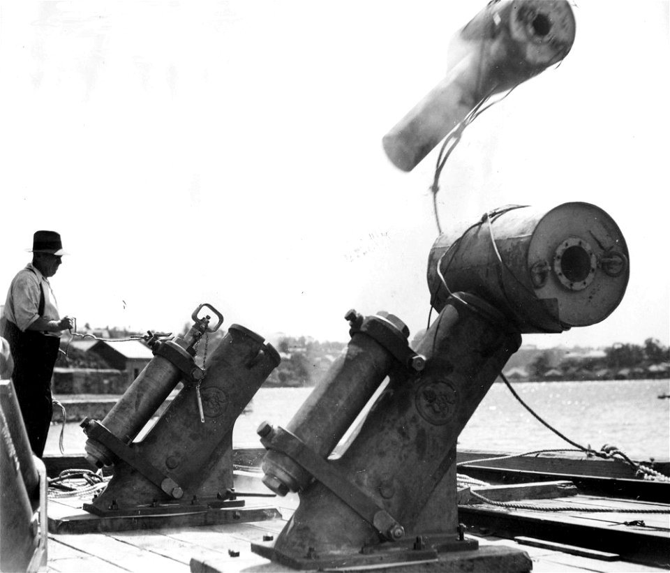RAN Armament Depot Spectacle Island -  Depth Charge Throwers Being Proof Tested c. 1941