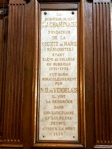 Slab detailing Chaminade healing: Basilica of Our Lady of Verdelais, Verdelais