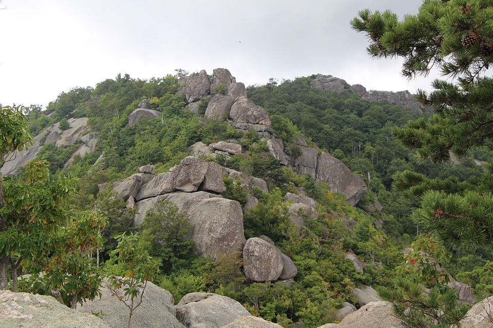 Rocks over valley in the Shenandoah on a climb of Old Rag