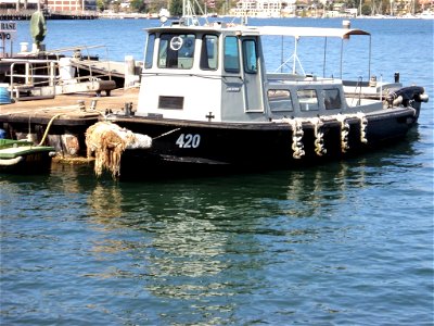 RAN Armament Depot Spectacle Island - AWB (Australian Work Boat) 420 "Amethyst" manufactured during World War 2. Other boats of this class used at Spectacle Island for towing and passenger transport were 404 "Topaz", 416 "Onyx", 444 "Garnet". Photo taken