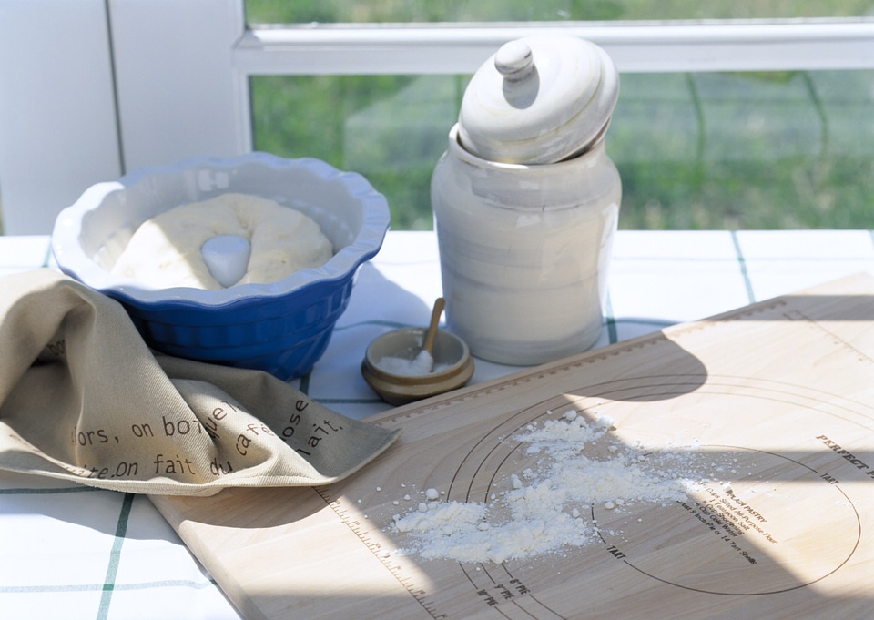 baking preparation, top view of a variety of baking utensils