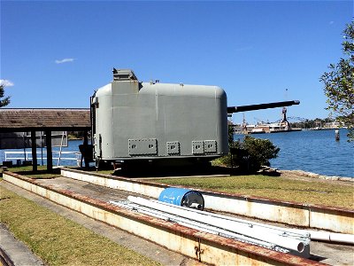 RAN Armament Depot Spectacle Island - Gun pound structure (foreground); covered way (9a) background; 4.5-inch gun twin mounting RP 41 Mark VI ex HMAS Parramatta (3)