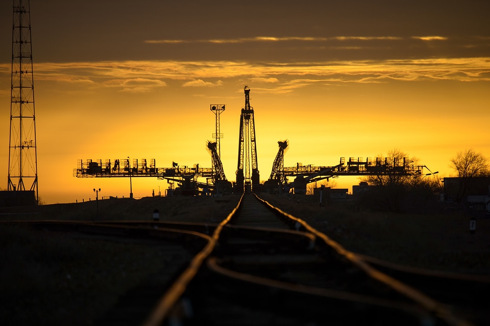 The sun rises behind the Soyuz launch pad