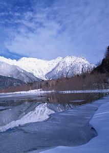 Mountain lake with covered ice photo