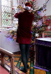 Dark green tights and burgundy corduroy shirt dress for Christmas photo