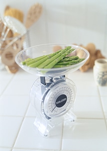 Fish with asparagus on weight scale photo