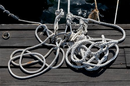Messy white mooring ropes 2 photo
