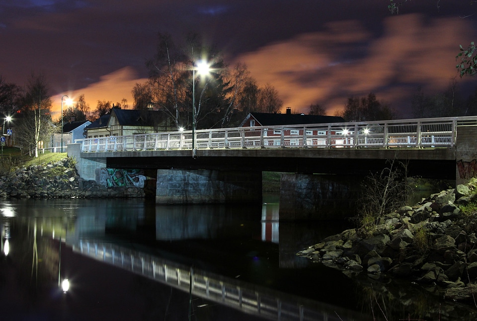 bridge over river at sunset with river reflections in Finland