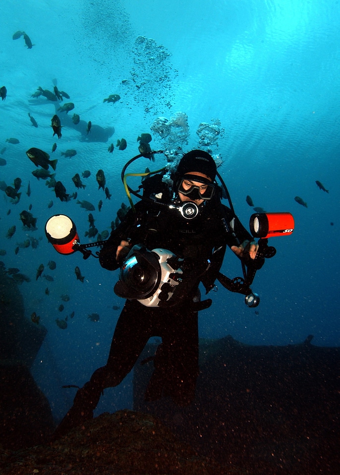 Scuba divers explore a coral reef photo
